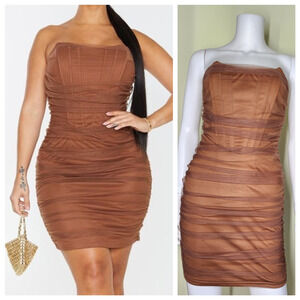 PrettyLittleThing Mesh Corset Ruched Bodycon Dress Size XS Brown Strapless Mini